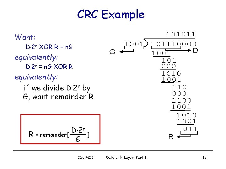 CRC Example Want: D. 2 r XOR R = n. G equivalently: D. 2