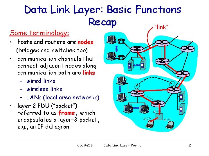 Data Link Layer: Basic Functions Recap “link” Some terminology: • hosts and routers are