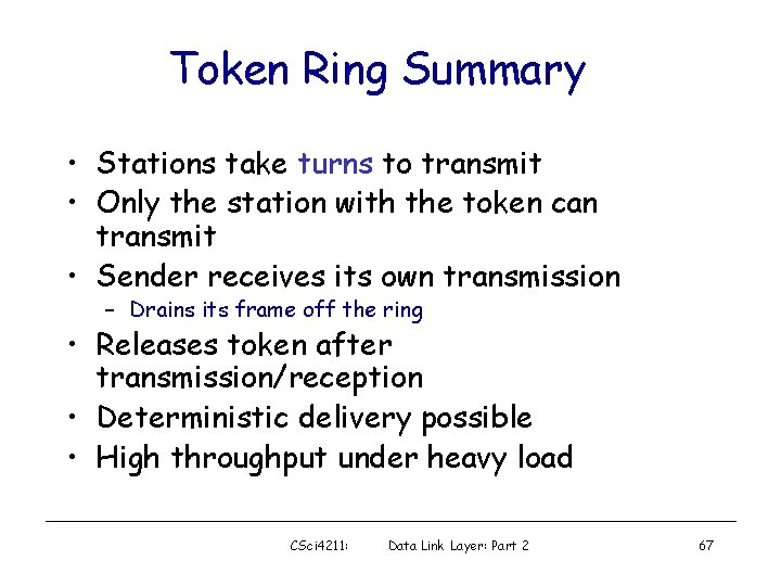 Token Ring Summary • Stations take turns to transmit • Only the station with