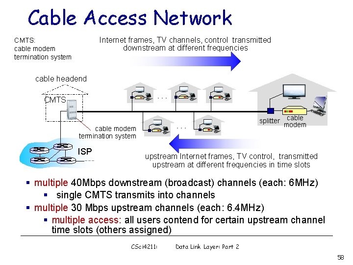 Cable Access Network Internet frames, TV channels, control transmitted downstream at different frequencies CMTS:
