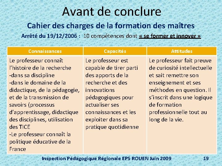 Avant de conclure Cahier des charges de la formation des maîtres Arrêté du 19/12/2006