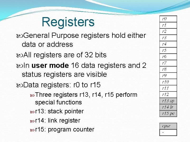 Registers General Purpose registers hold either data or address All registers are of 32