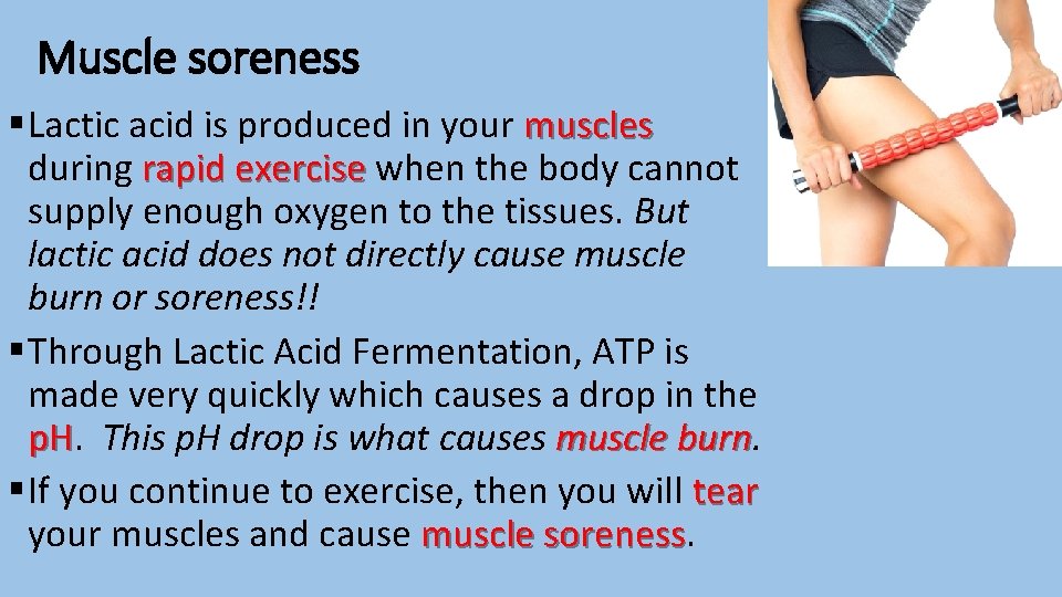 Muscle soreness § Lactic acid is produced in your muscles during rapid exercise when