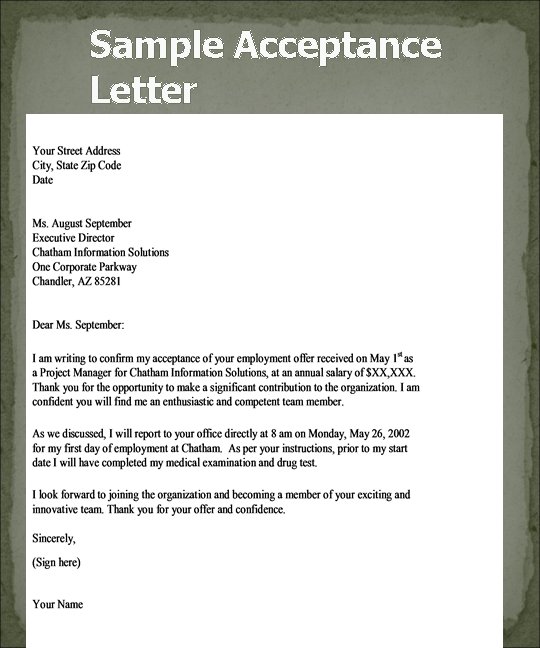 Sample Acceptance Letter 