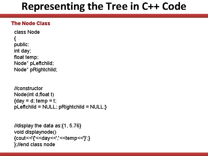 Representing the Tree in C++ Code The Node Class class Node { public: int