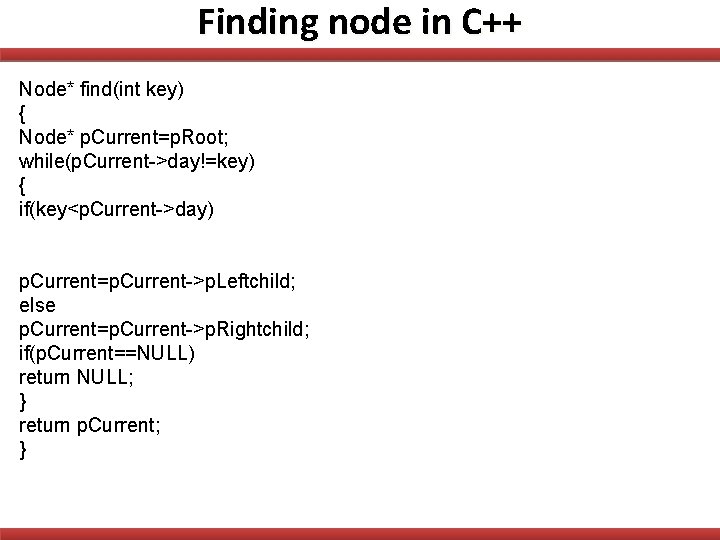 Finding node in C++ Node* find(int key) { Node* p. Current=p. Root; while(p. Current->day!=key)