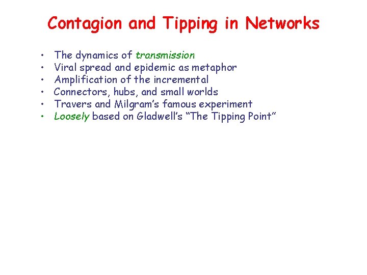 Contagion and Tipping in Networks • • • The dynamics of transmission Viral spread