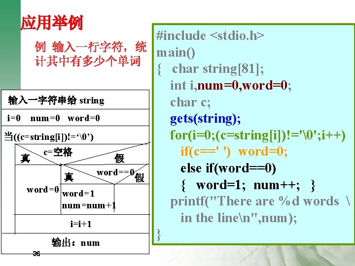 应用举例 #include <stdio. h> 例 输入一行字符，统 main() 计其中有多少个单词 { char string[81]; int i, num=0,