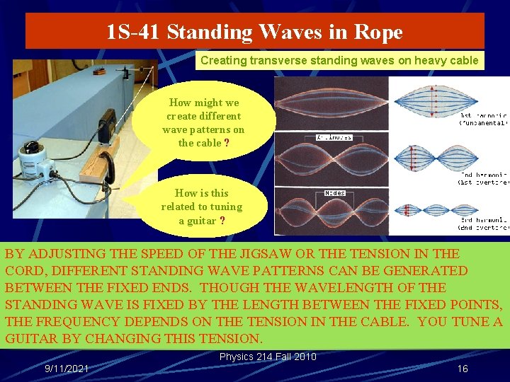 1 S-41 Standing Waves in Rope Creating transverse standing waves on heavy cable How