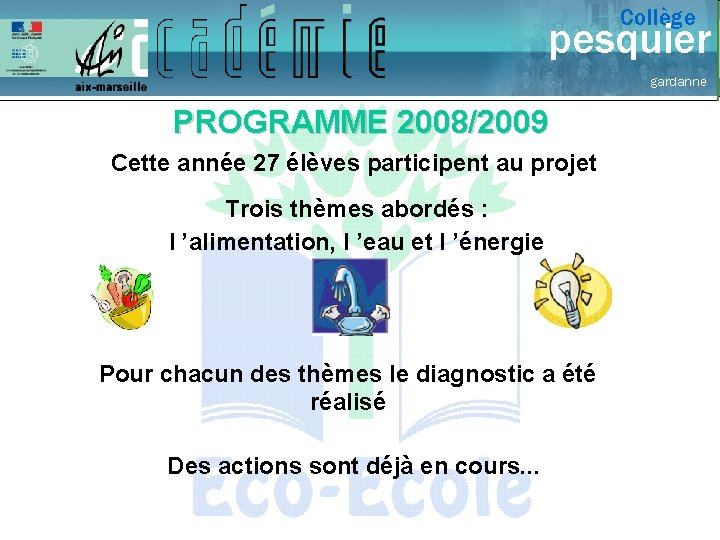 Collège pesquier gardanne PROGRAMME 2008/2009 Cette année 27 élèves participent au projet Trois thèmes