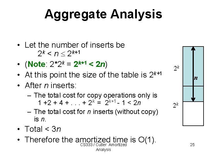 Aggregate Analysis • Let the number of inserts be 2 k < n 2 Aggregate Analysis • Let the number of inserts be 2 k < n 2