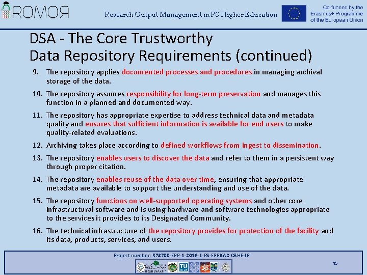 Research Output Management in PS Higher Education DSA - The Core Trustworthy Data Repository