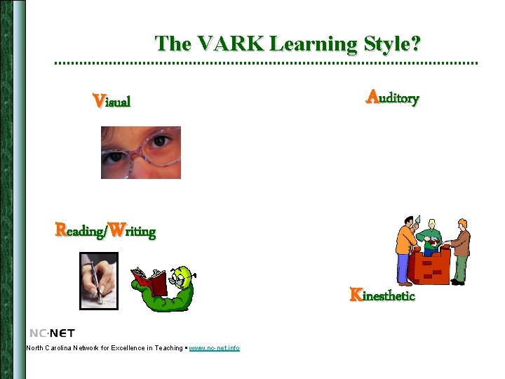 The VARK Learning Style? Visual Auditory Reading/Writing Kinesthetic North Carolina Network for Excellence in