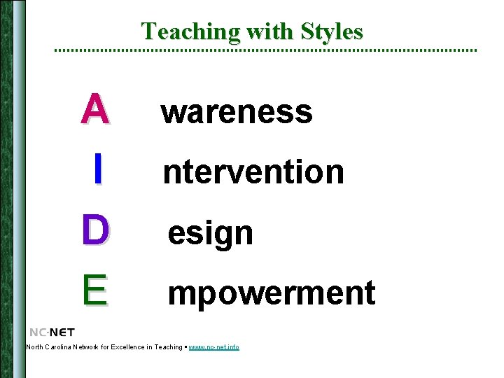 Teaching with Styles A I D E wareness ntervention esign mpowerment North Carolina Network