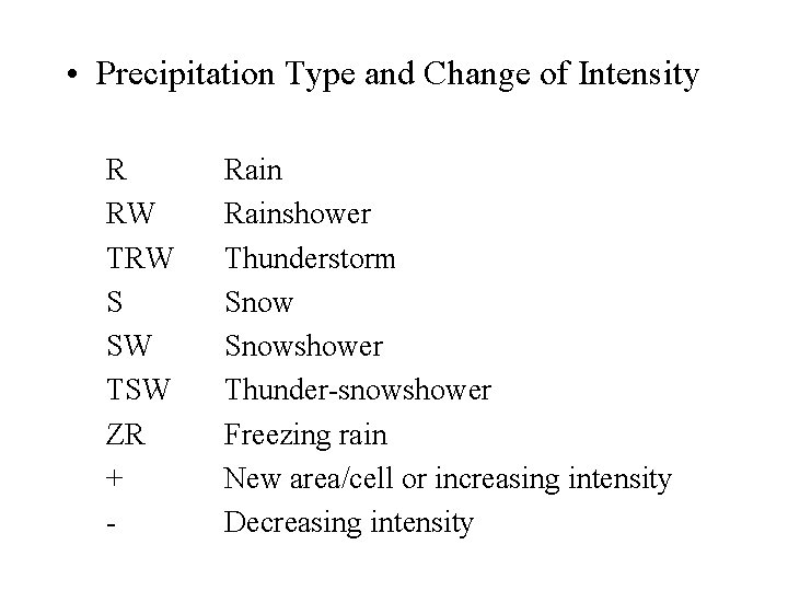  • Precipitation Type and Change of Intensity R RW TRW S SW TSW