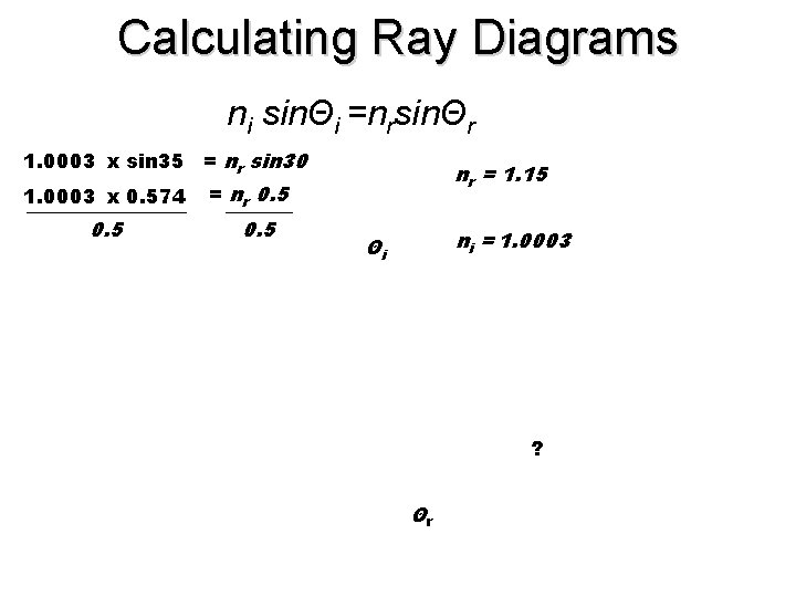 Calculating Ray Diagrams ni sinΘi =nrsinΘr 1. 0003 x sin 35 = nr sin