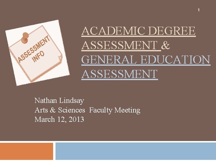 1 ACADEMIC DEGREE ASSESSMENT & GENERAL EDUCATION ASSESSMENT Nathan Lindsay Arts & Sciences Faculty 1 ACADEMIC DEGREE ASSESSMENT & GENERAL EDUCATION ASSESSMENT Nathan Lindsay Arts & Sciences Faculty