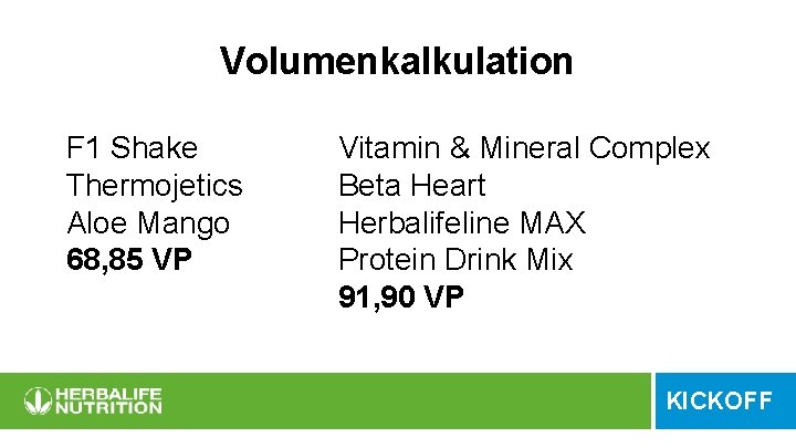 Volumenkalkulation F 1 Shake Thermojetics Aloe Mango 68, 85 VP Vitamin & Mineral Complex