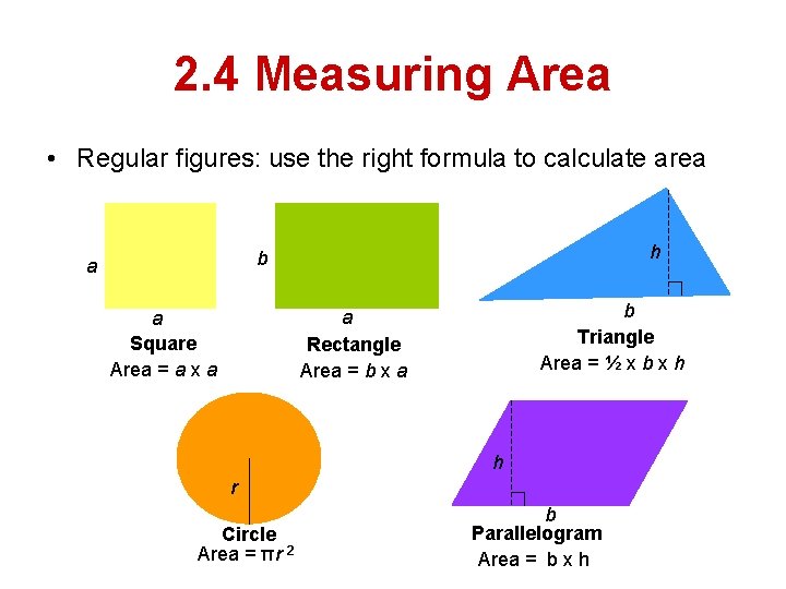 2. 4 Measuring Area • Regular figures: use the right formula to calculate area