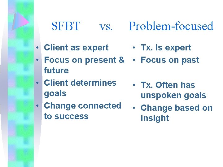 SFBT vs. • Client as expert • Focus on present & future • Client SFBT vs. • Client as expert • Focus on present & future • Client