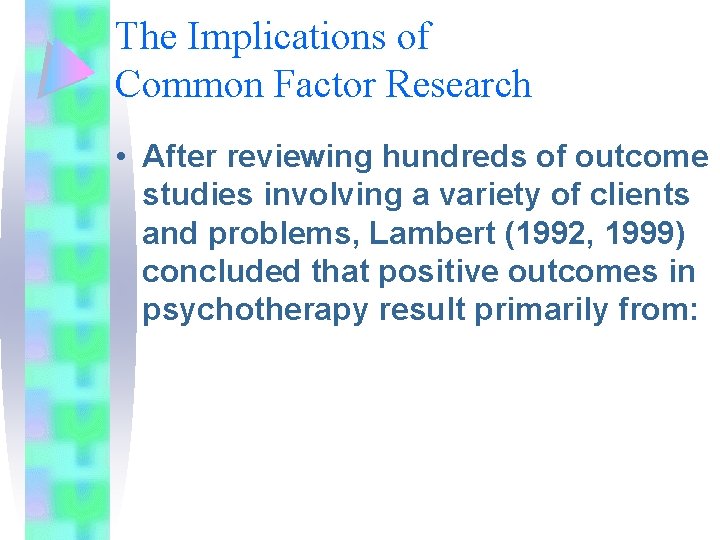 The Implications of Common Factor Research • After reviewing hundreds of outcome studies involving The Implications of Common Factor Research • After reviewing hundreds of outcome studies involving