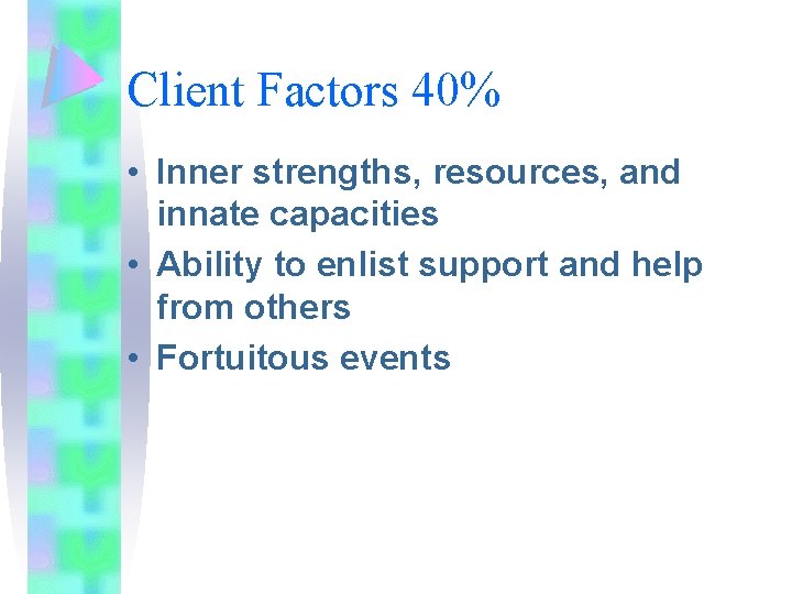 Client Factors 40% • Inner strengths, resources, and innate capacities • Ability to enlist Client Factors 40% • Inner strengths, resources, and innate capacities • Ability to enlist