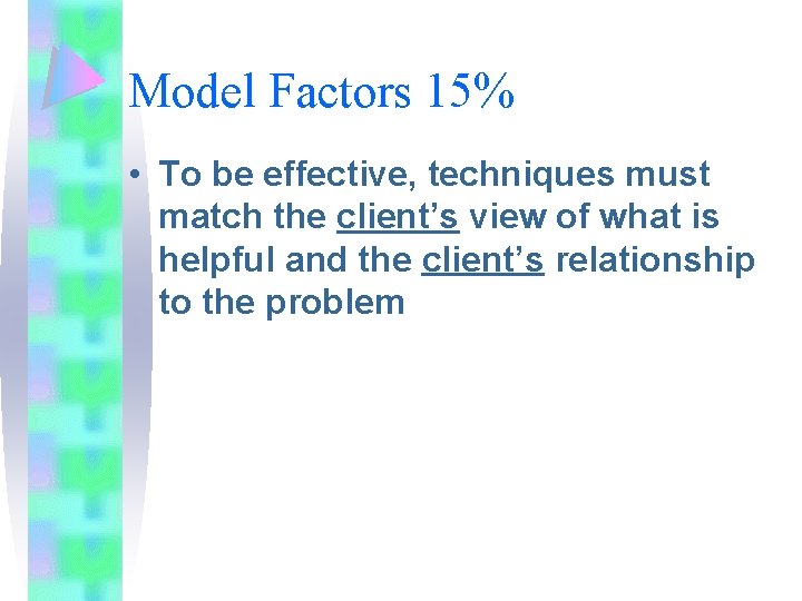 Model Factors 15% • To be effective, techniques must match the client’s view of Model Factors 15% • To be effective, techniques must match the client’s view of