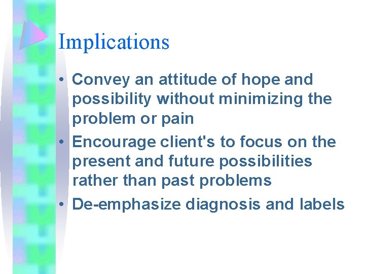 Implications • Convey an attitude of hope and possibility without minimizing the problem or Implications • Convey an attitude of hope and possibility without minimizing the problem or