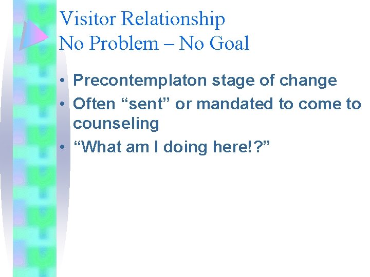 Visitor Relationship No Problem – No Goal • Precontemplaton stage of change • Often Visitor Relationship No Problem – No Goal • Precontemplaton stage of change • Often
