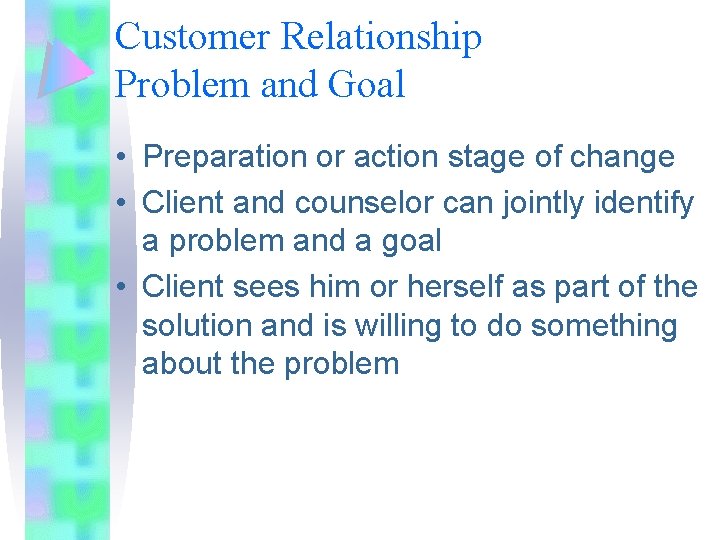 Customer Relationship Problem and Goal • Preparation or action stage of change • Client Customer Relationship Problem and Goal • Preparation or action stage of change • Client