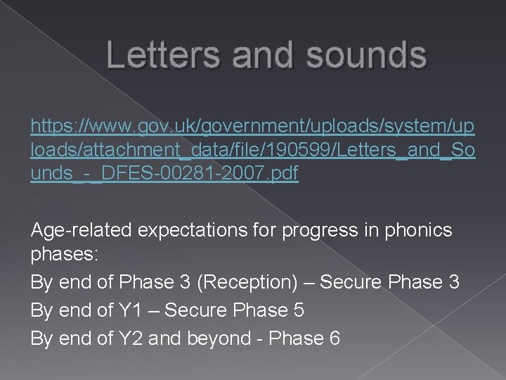 Letters and sounds https: //www. gov. uk/government/uploads/system/up loads/attachment_data/file/190599/Letters_and_So unds_-_DFES-00281 -2007. pdf Age-related expectations for