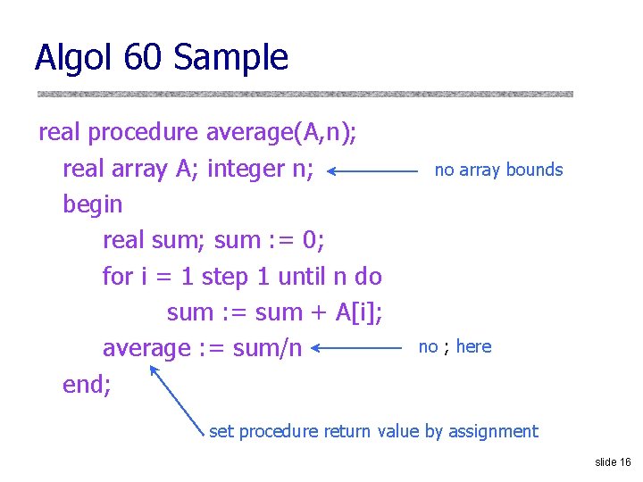 Algol 60 Sample real procedure average(A, n); real array A; integer n; begin real