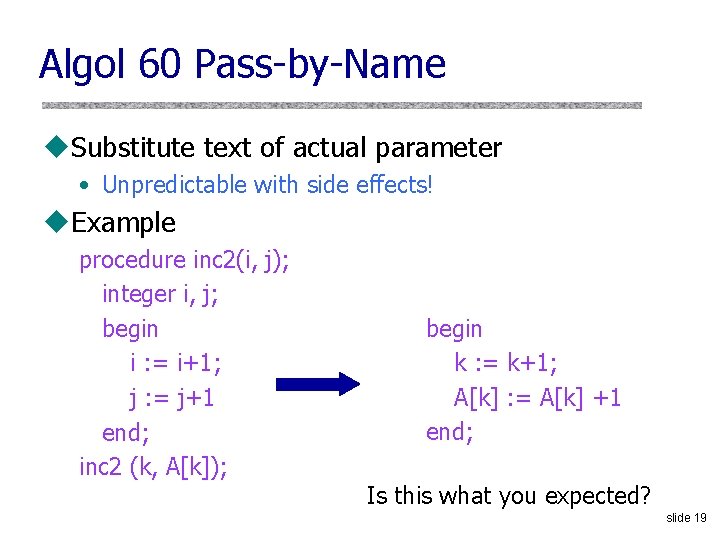 Algol 60 Pass by Name u. Substitute text of actual parameter • Unpredictable with