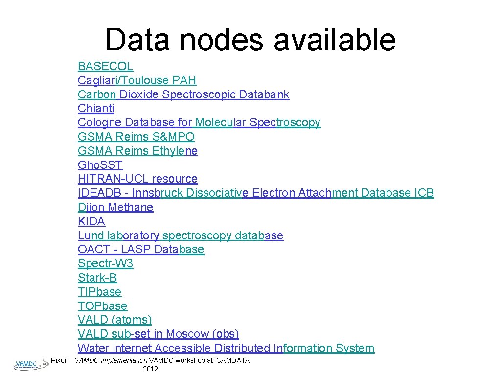 Data nodes available BASECOL Cagliari/Toulouse PAH Carbon Dioxide Spectroscopic Databank Chianti Cologne Database for