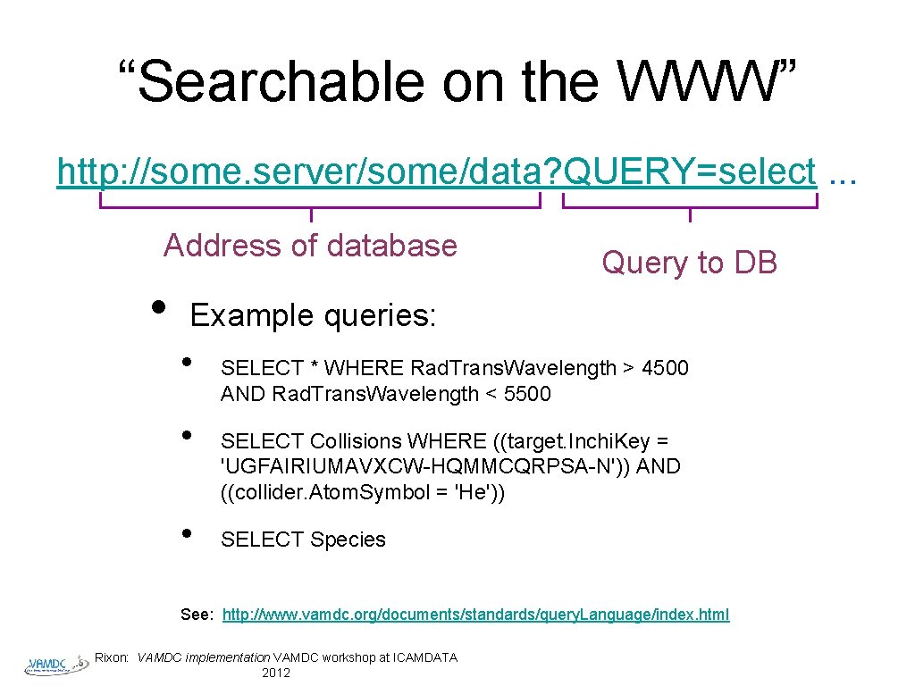 “Searchable on the WWW” http: //some. server/some/data? QUERY=select. . . Address of database •