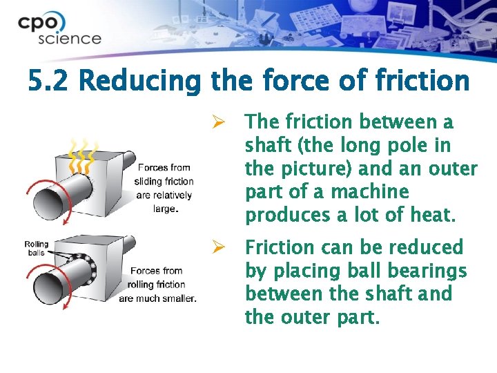 5. 2 Reducing the force of friction Ø The friction between a shaft (the