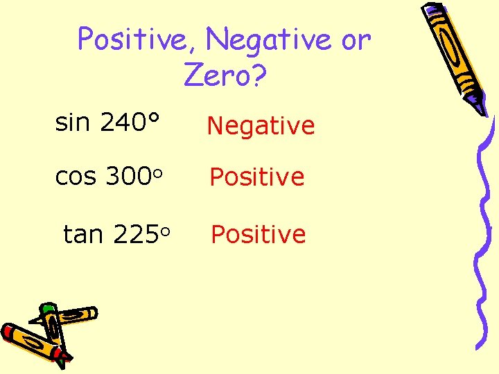 Positive, Negative or Zero? sin 240° Negative cos 300 o Positive tan 225 o