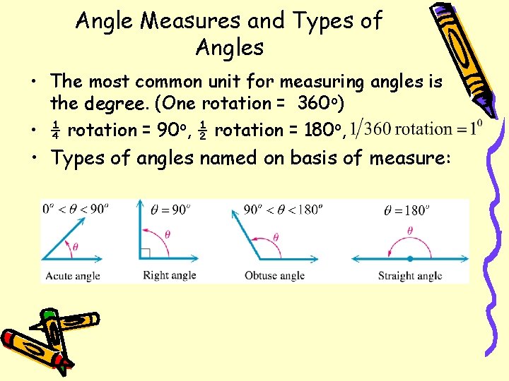 Angle Measures and Types of Angles • The most common unit for measuring angles