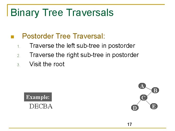 Binary Tree Traversals Postorder Tree Traversal: 1. 2. 3. Traverse the left sub-tree in