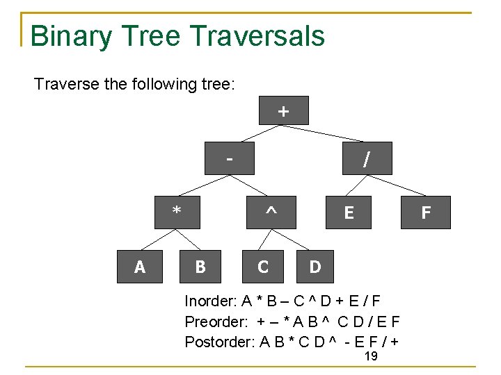 Binary Tree Traversals Traverse the following tree: + * A / ^ B C