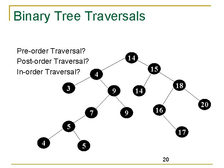 Binary Tree Traversals Traverse the following tree. Pre-order Traversal? Post-order Traversal? In-order Traversal? 4