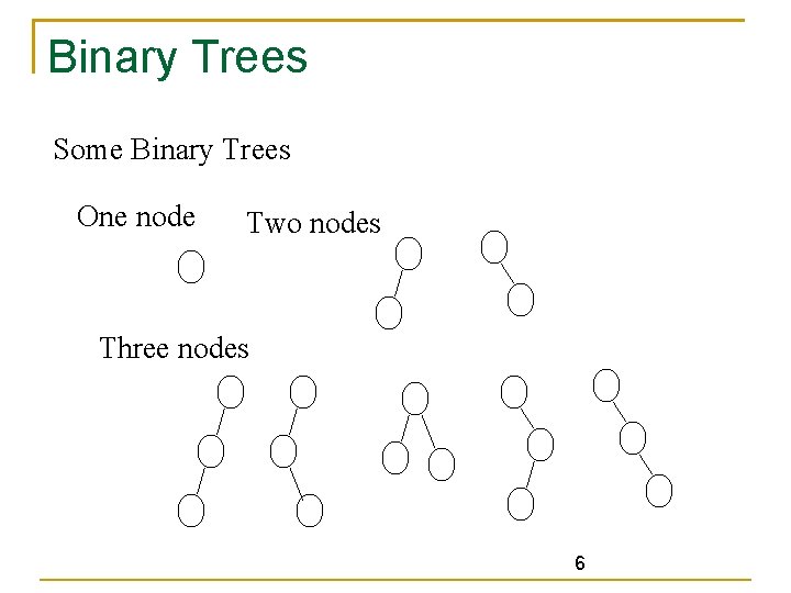 Binary Trees Some Binary Trees One node Two nodes Three nodes 6 