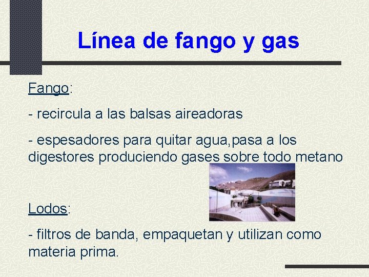 Línea de fango y gas Fango: - recircula a las balsas aireadoras - espesadores