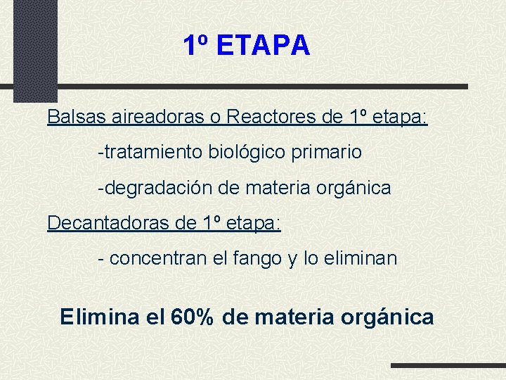 1º ETAPA Balsas aireadoras o Reactores de 1º etapa: -tratamiento biológico primario -degradación de