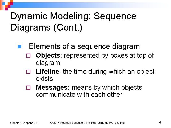 Dynamic Modeling: Sequence Diagrams (Cont. ) n Elements of a sequence diagram Objects: represented