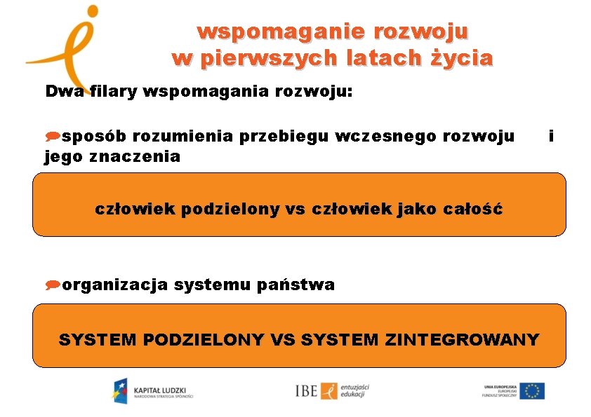 wspomaganie rozwoju w pierwszych latach życia Dwa filary wspomagania rozwoju: )sposób rozumienia przebiegu wczesnego