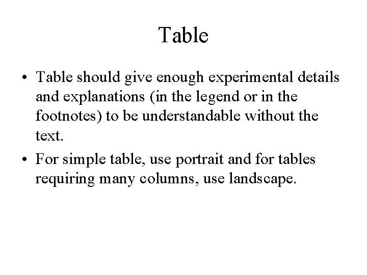 Table • Table should give enough experimental details and explanations (in the legend or