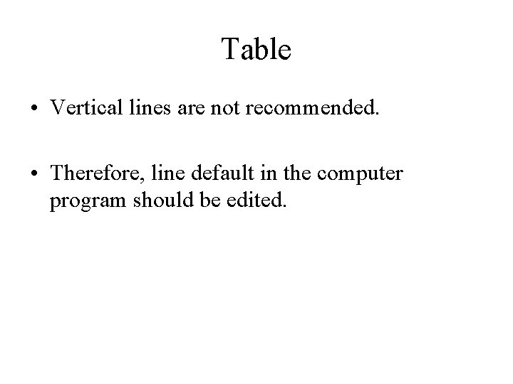 Table • Vertical lines are not recommended. • Therefore, line default in the computer