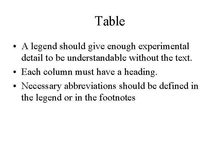 Table • A legend should give enough experimental detail to be understandable without the