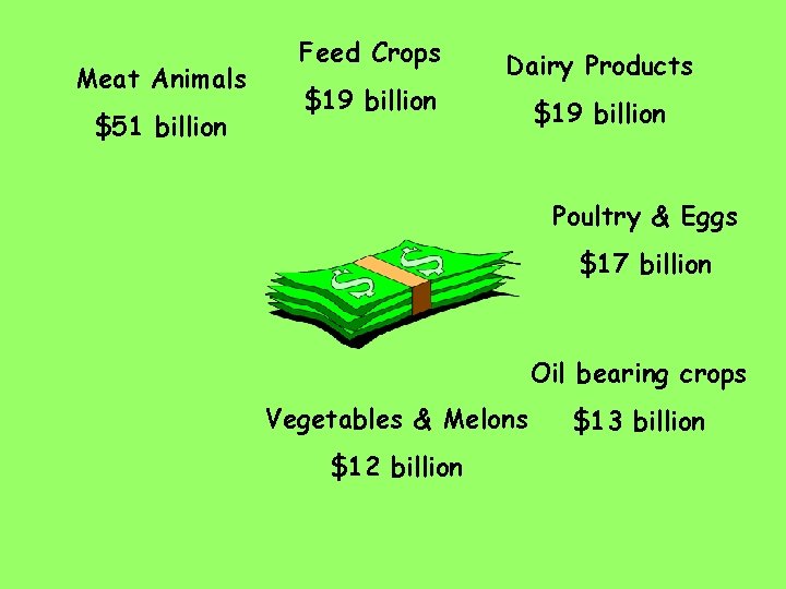 Meat Animals $51 billion Feed Crops $19 billion Dairy Products $19 billion Poultry &